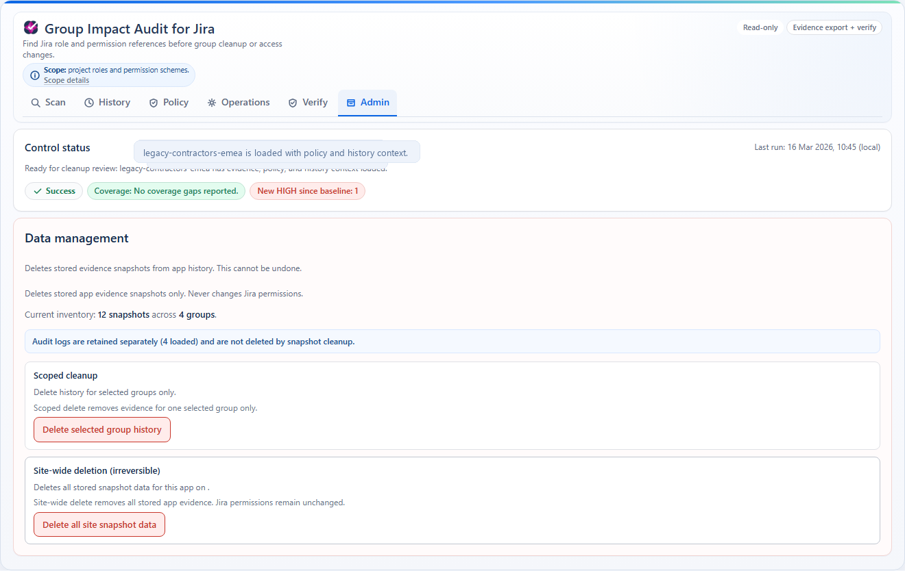 Admin safety screenshot from Group Cleanup Radar for Jira.