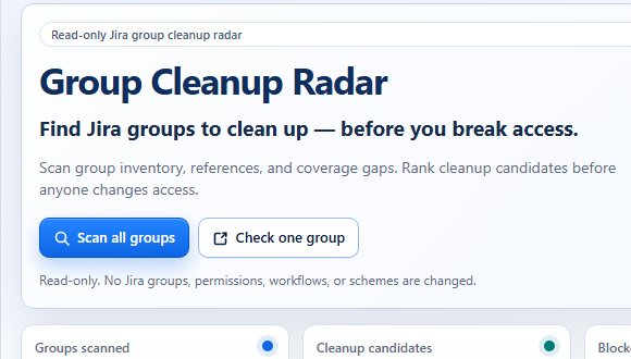 Group Cleanup Radar showing cleanup candidates, detected blockers, and unknown coverage.