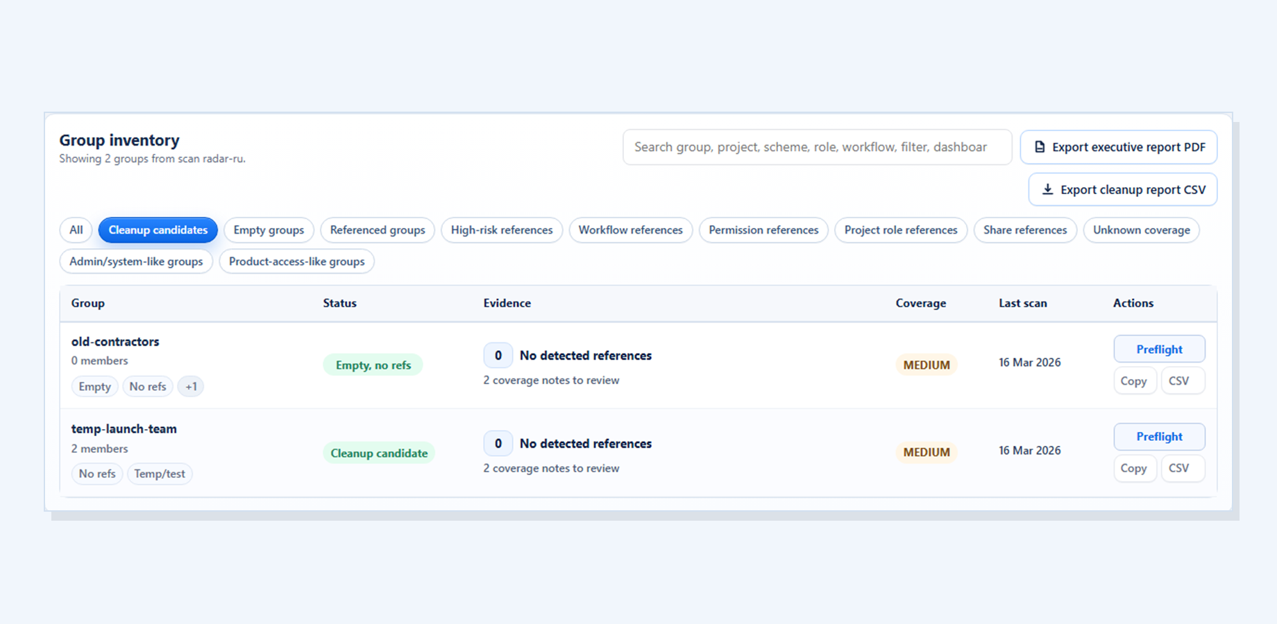 Find unused Jira groups before cleanup by scanning all groups first.