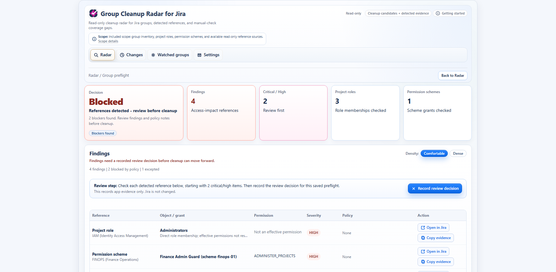 Group Cleanup Radar showing detected project-role and permission-scheme paths for a Jira group.