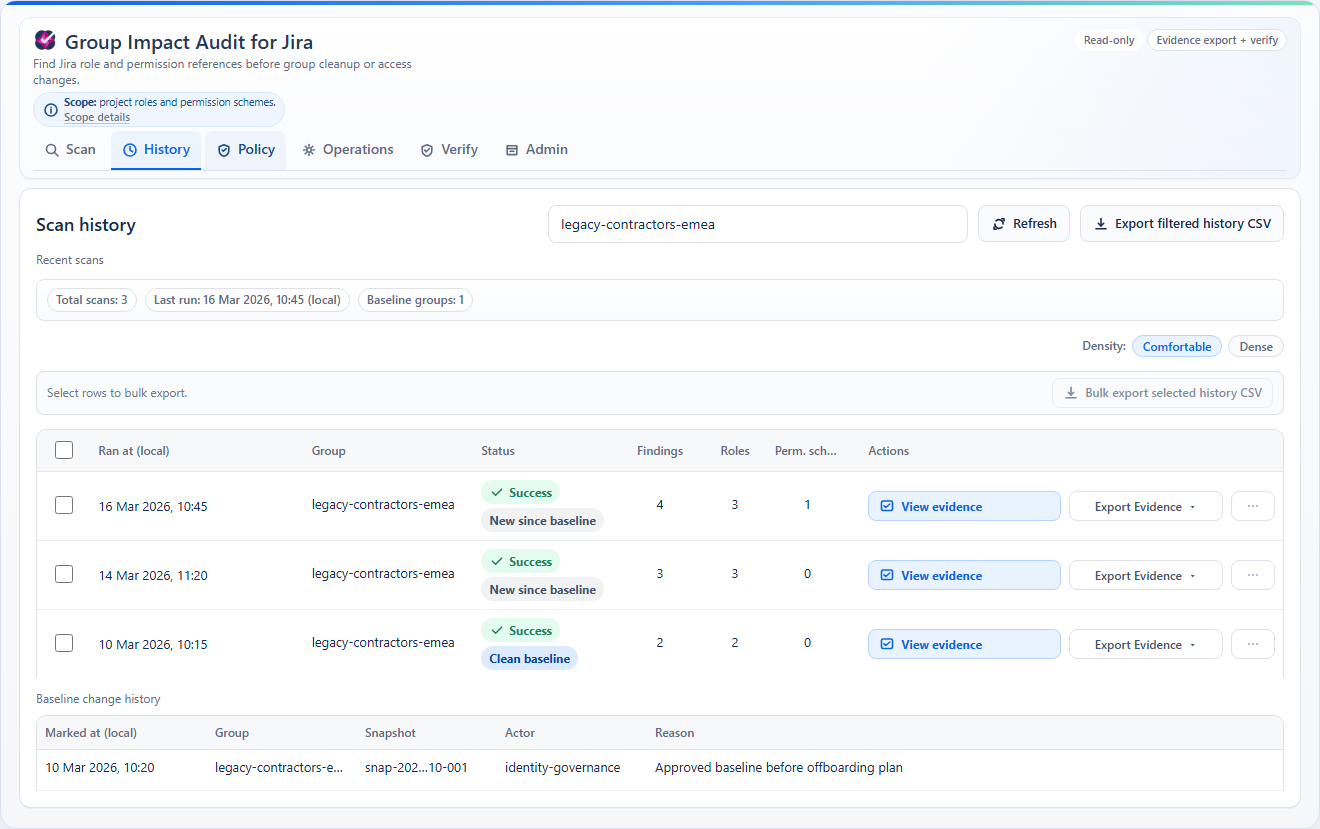 History and baseline view for Group Impact Audit for Jira.