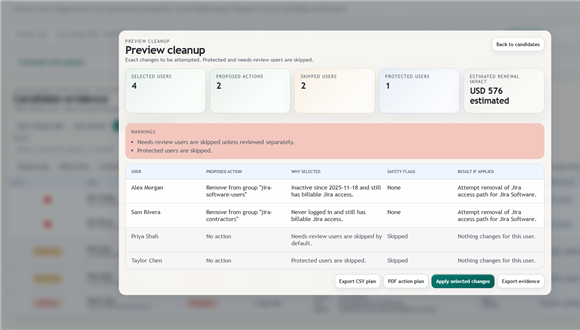 License Guard for Jira License Cleanup cleanup preview showing selected changes and skipped protected users.