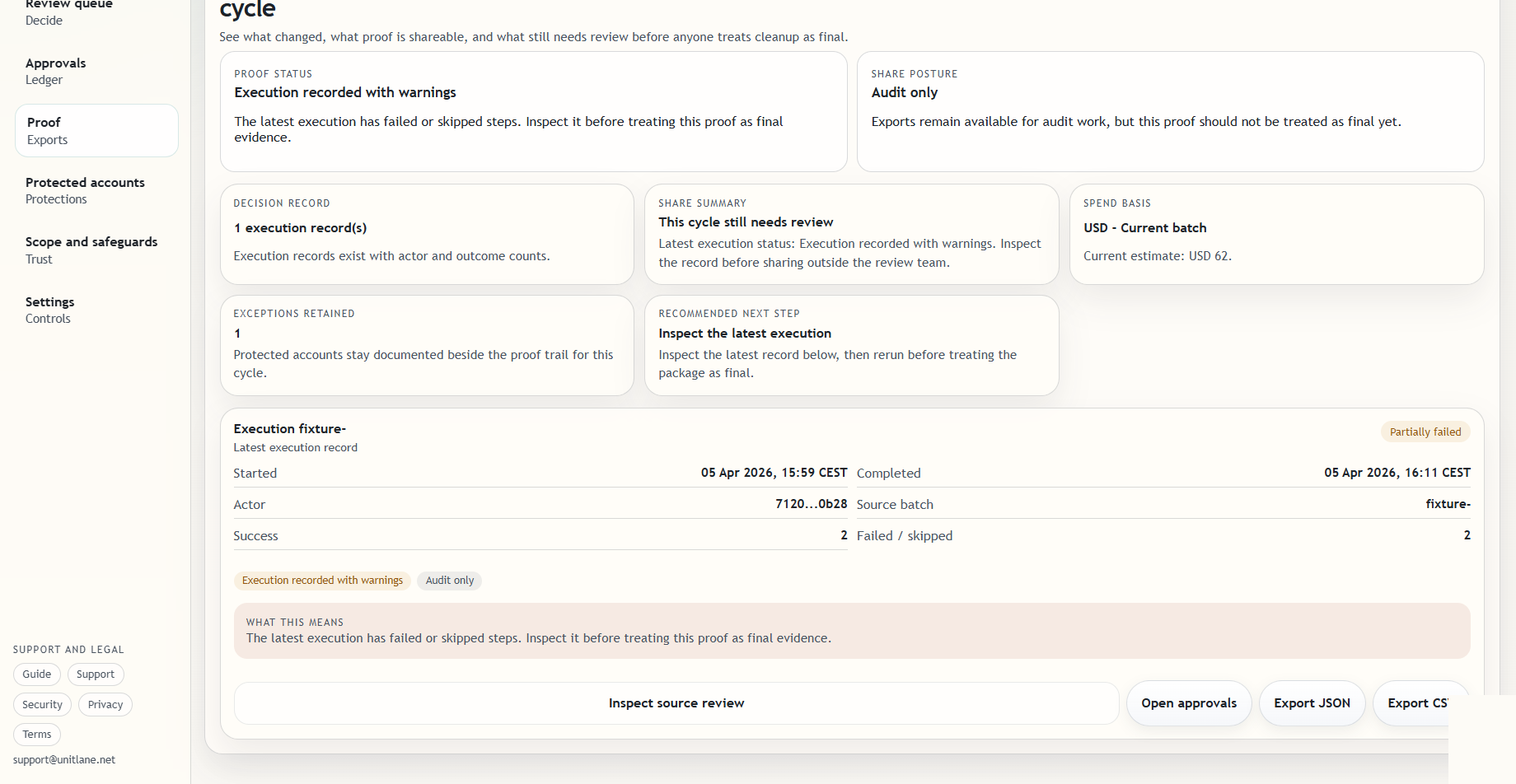 License Guard for Jira License Cleanup proof page showing cycle details and export context.